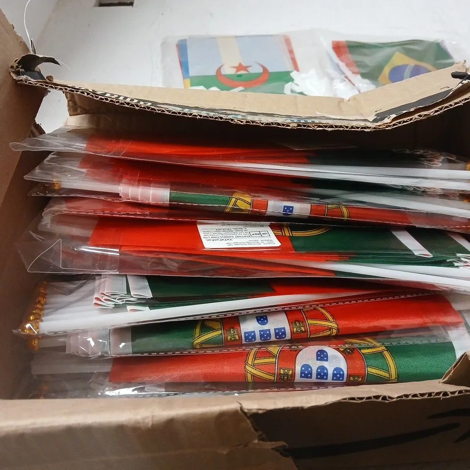 BOX OF APPROXIMATLEY 14 SETS OF ASSORTED FLAGS TO INCLUDE BRAZIL, PORTUGAL ETC
