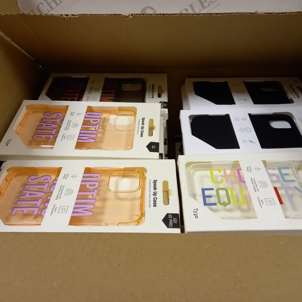 BOX OF APPROXIMATELY 54 TYPO PHONES CASES ('SLIMLINE CASE' & 'SPEAK UP CASE') FOR IPHONE 11, 12 MINI, 12/12PRO IN VARYING COLOURS