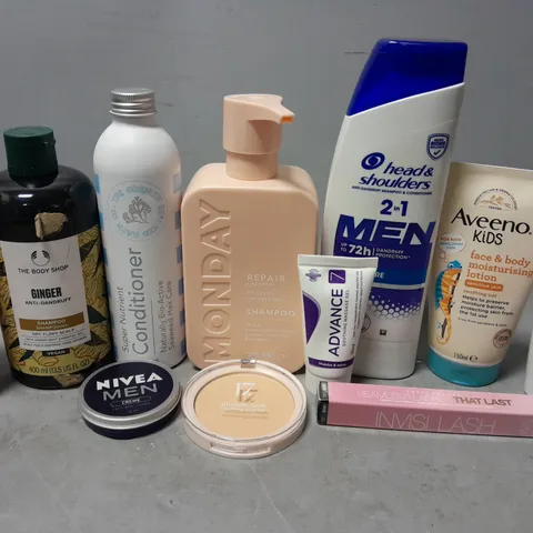 APPROX 15 ASSORTED BEAUTY PRODUCTS TO INCLUDE THE BODY SHOP SHAMPOO, MONDAY SHAMPOO, AVEENO KIDS LOTION, ETC 