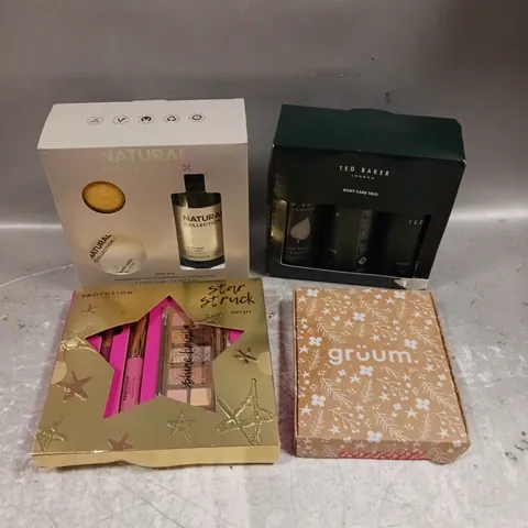 LOT OF 4 ASSORTED COSMETIC BOXSETS TO INCLUDE - NATURAL BATH TRIO - PROFUSION STAR STRUCK MAKEUP GIFT SET - TED BAKER BODY CARE TRIO - ETC