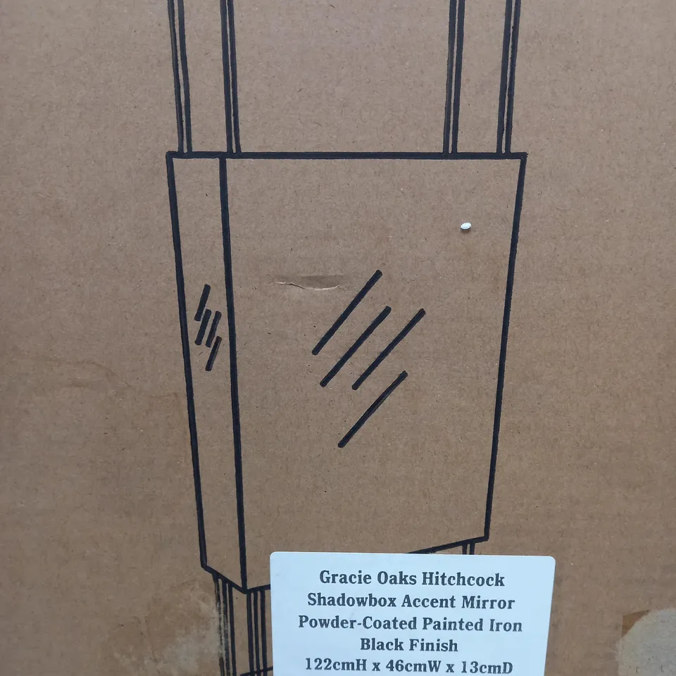 BOXED GRACIE OAKS HITCHCOCK SHADOW BOX ACCENTS MIRROR IN POWDER COATED IRON AND BLACK FINISH 