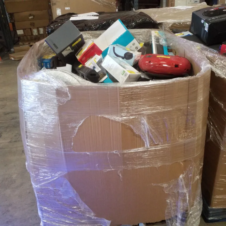 PALLET CONTAINING ASSORTED ELECTRICAL RETURNS INCLUDING CANON PIXMA PRINTER, WIRELESS KEYBOARD, GAMING HEADSET, UNIVERSAL REMOTE & AERIAL