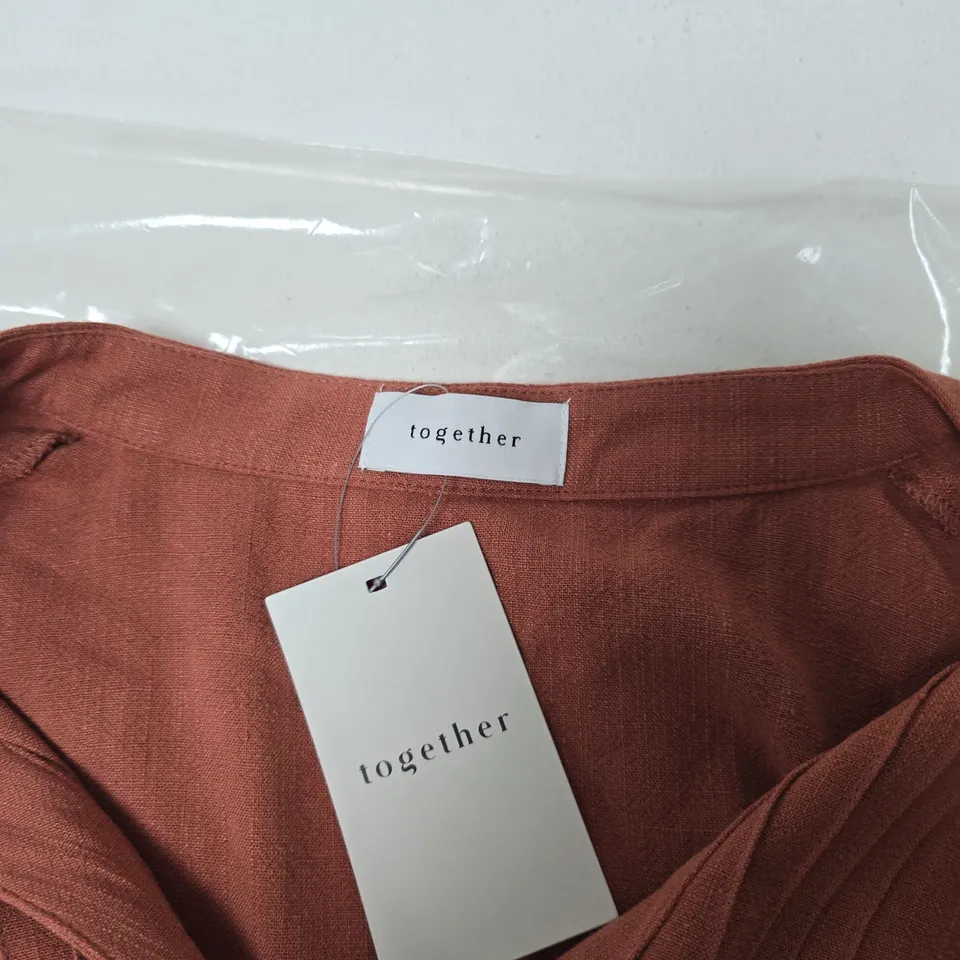TOGETHER LINEN MIX PINTUCK DRESS BURNT ORANGE SIZE M