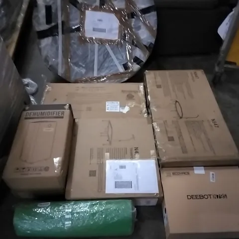 PALLET OF ASSORTED ITEMS INCLUDING COMPRESSOR DEHUMIDIFIER, 36" MINI TRAMPOLINE, TRAMPOLINE WITH HANDLEBARS, ECOVACS ROBOTICS DEEBOT ROBOT VACUUM, REEHUT MAT