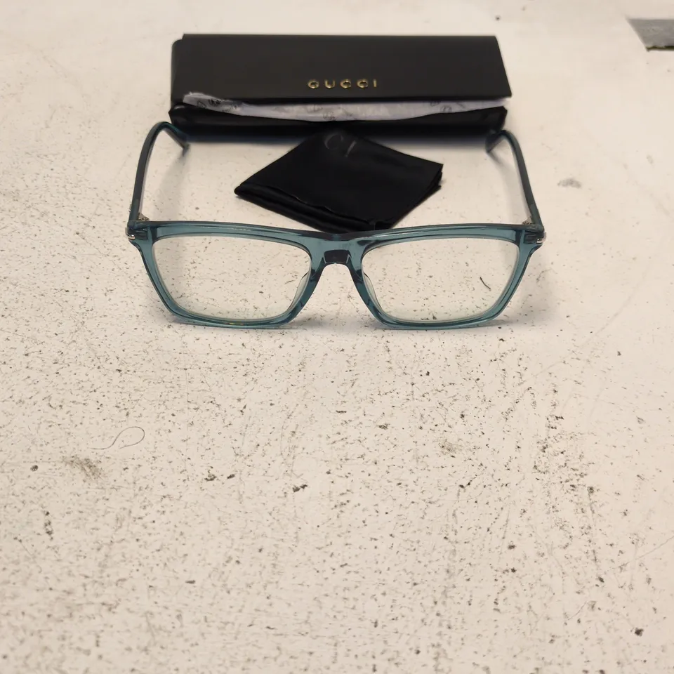 GUCCI EYEWEAR – RECTANGULAR GLASSES, TEAL FRAME, WITH CASE & CLOTH