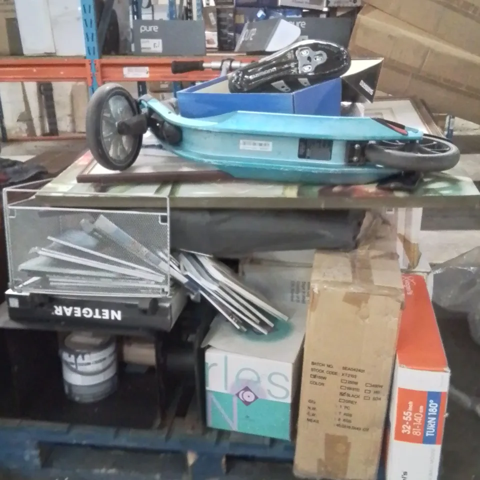 PALLET OF ASSORTED HOUSEHOLD GOODS AND PRODUCTS TO INCLUDE:SCOOTER,TV WALL MOUNT,SHIMANO CYCLING BOOTS
