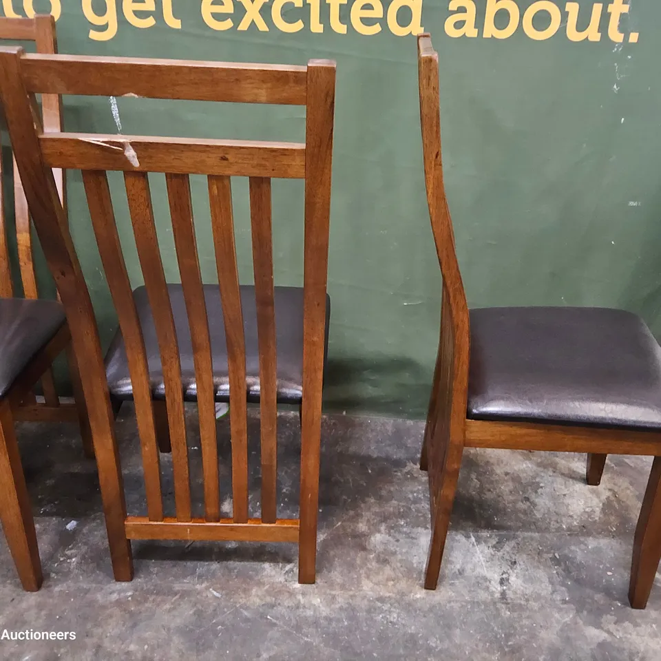 SET OF SIX DARK WOOD FRAMED DINING CHAIRS BLACK PU SEAT PADS