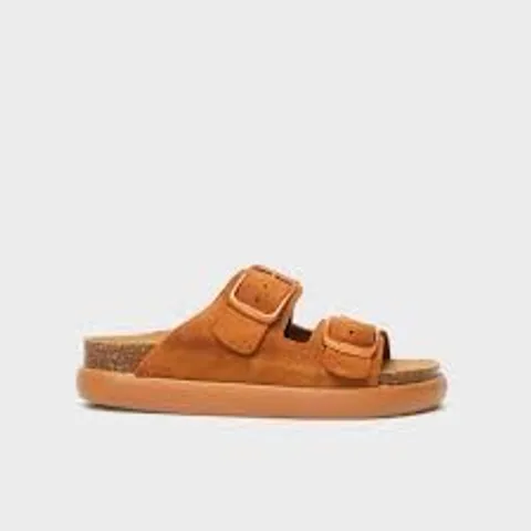 BOXED PAIR OF SCHOLL DOUBLE STRAP SANDALS IN COGNAC SIZE 6