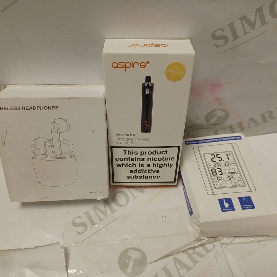 LOT OF THREE TO INCLUDE WIRELESS HEADPHONES , ASPIRE POCKEX KIT , ETC