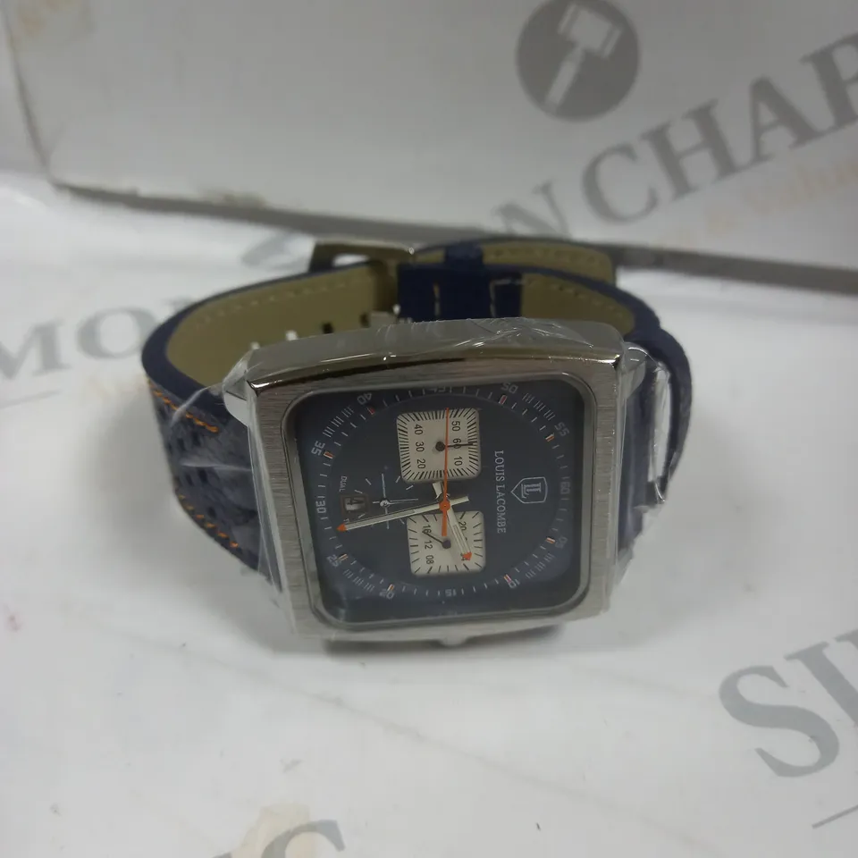 MENS LOUIS LACOMBE WATCH – SQUARE DIAL WITH WHITE SUB DIALS – LEATHER STRAP – 3ATM – HAND ASSEMBLED