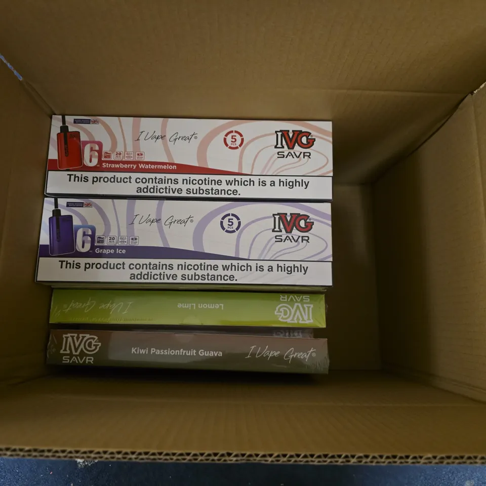 BOX OF APPROXIMATLEY 15 SEALED PACKS OF IVG SAVR ECIGARETTES VARIOUS FLAVOURS