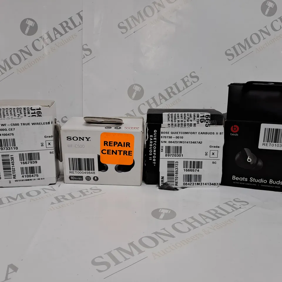 4 ASSORTED WIRELESS EARBUDS TO INCLUDE SONY WF-C500, BOSE QUIETCOMFORT, BEATS STUDIO