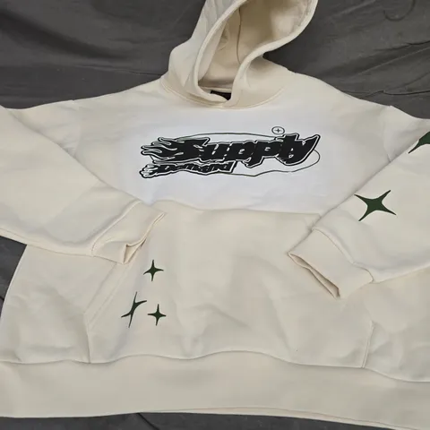 SUPPLY & DEMAND LOGO PRINT HOODIE, CREAM - UK SIZE S
