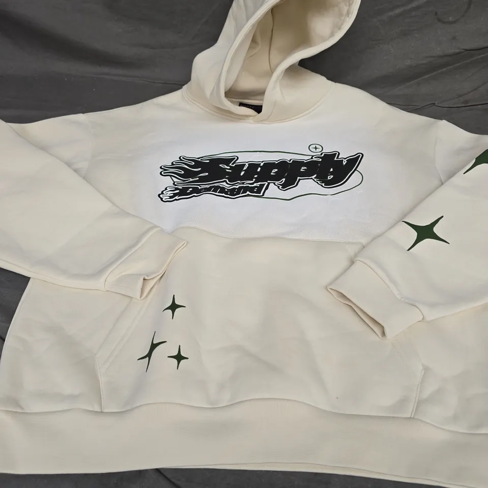 SUPPLY & DEMAND LOGO PRINT HOODIE, CREAM - UK SIZE S