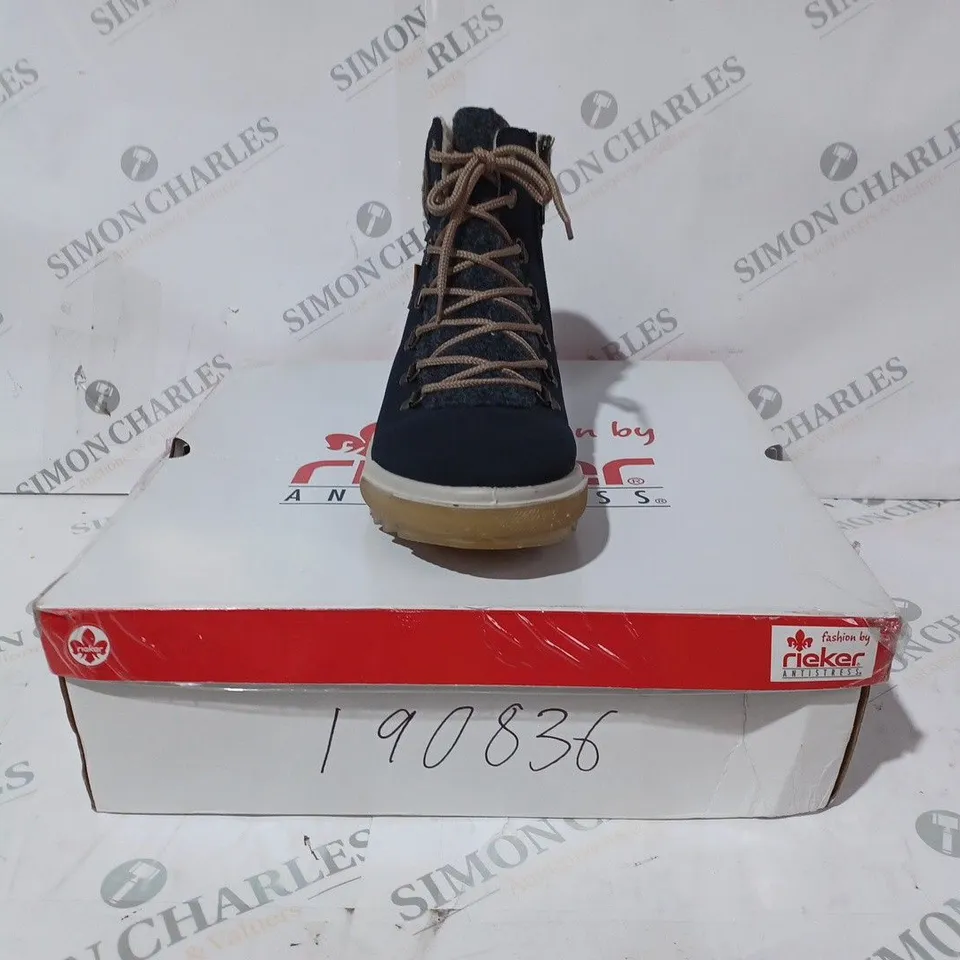 BOXED PAIR OF RIEKER LACE UP BOOTS, NAVY - SIZE 6