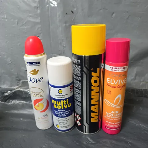 APPROXIMATELY 10 ASSORTED AEROSOLS TO INCLUDE DOVE SPRAY , MANNOL , LOREAL , ETC 