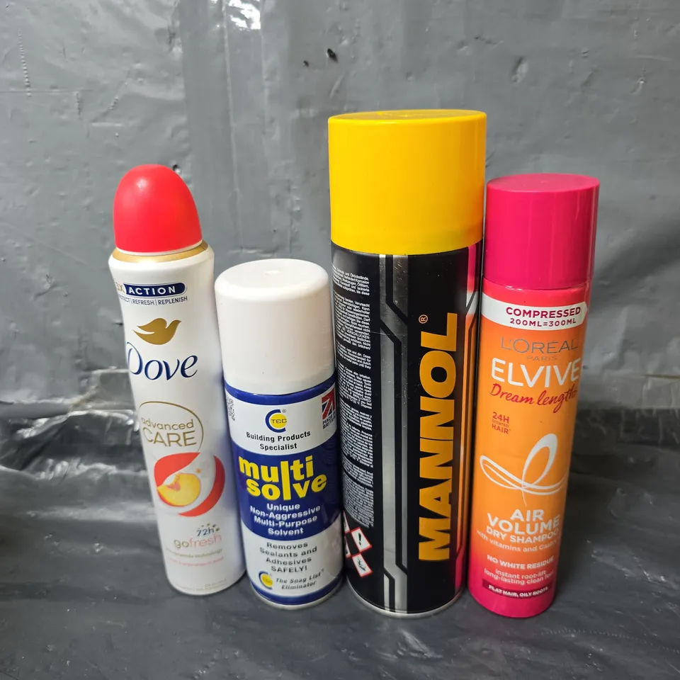 APPROXIMATELY 10 ASSORTED AEROSOLS TO INCLUDE DOVE SPRAY , MANNOL , LOREAL , ETC 