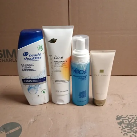 APPROXIMATEY 20 ASSORTED HEALTH AND BEAUTY PRODUCTS TO INCLUDE - HEAD AND SHOULDERS SHAMPOO - AVON FAR AWAY BODY LOTION AND DOVE BODY CREAM SERUM