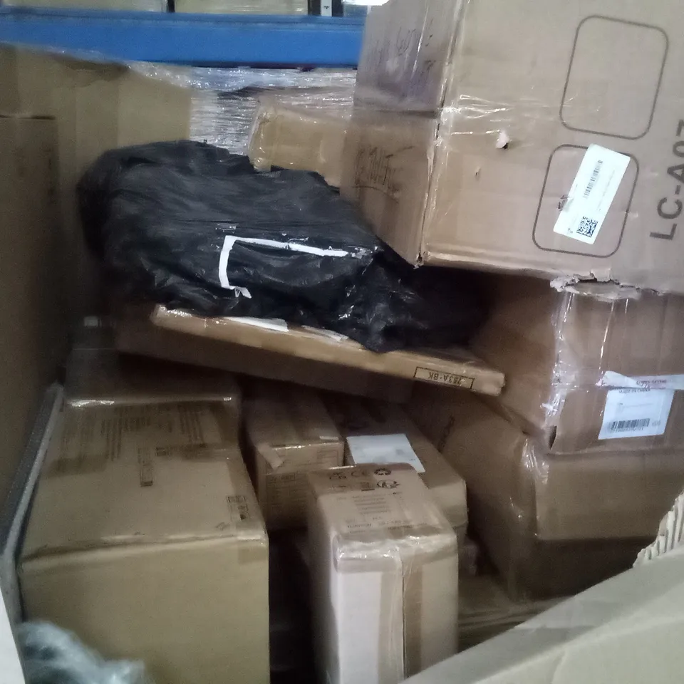 UNPROCESSED PALLET OF ASSORTED HOUSEHOLD GOODS TO INCLUDE CEILING FAN WITH LIGHT, FOPAMINTRI ARTIFICIAL PLANT, AND BOXED OFFICE CHAIR