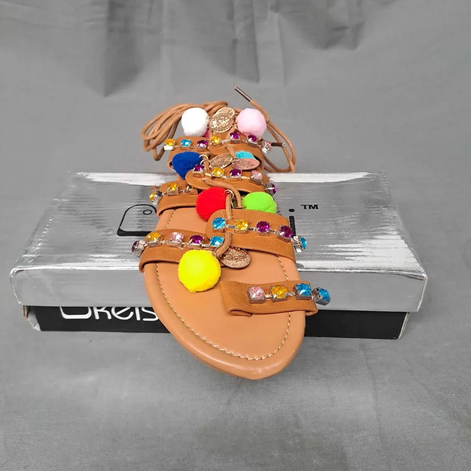 BOX OF APPROXIMATELY 8 PAIRS OF KELSI EMBELLISHED SANDALS IN CAMEL - VARIOUS SIZES 