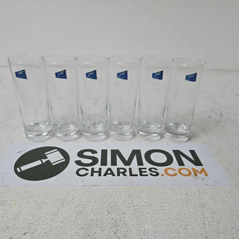 SET OF 6 CLEAR GLASSES WITH BLUE BRANDING STICKERS