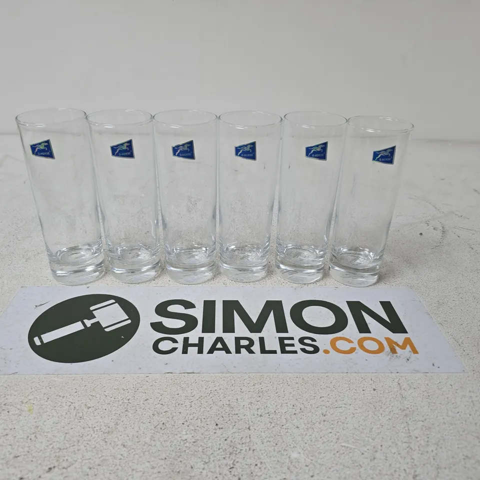 SET OF 6 CLEAR GLASSES WITH BLUE BRANDING STICKERS