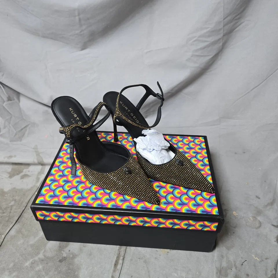 KURT GEIGER LONDON BLACK RHINESTONE POINTED-TOE STILETTO SANDAL WITH ANKLE STRAP – WOMEN'S FOOTWEAR SIZE 38