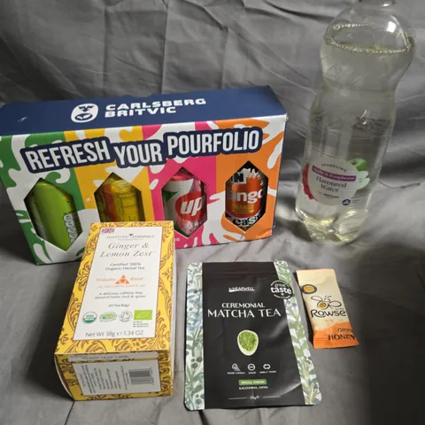 APPROXIMATELY 10 ASSORTED FOOD/DRINK PRODUCTS TO INCLUDE HERBAL TEA, ROWSE RUNNY HONEY, MATCHA TEA ETC 
