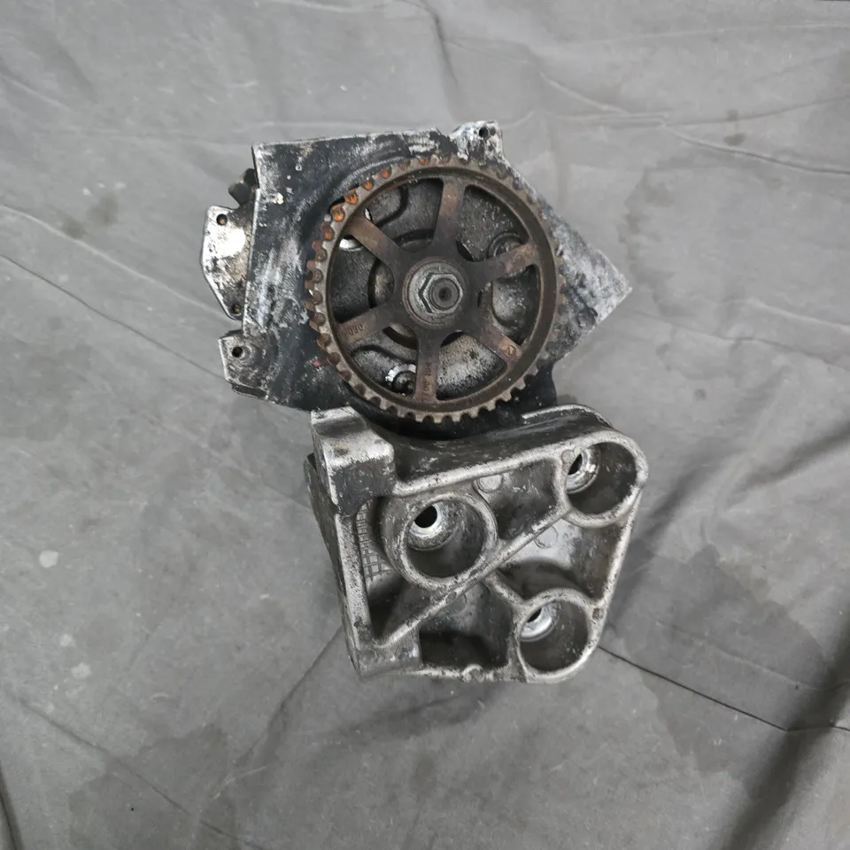 AUTOMOTIVE ENGINE COMPONENT WITH GEAR HOUSING – USED, FOR PARTS (MODEL UNSPECIFIED)