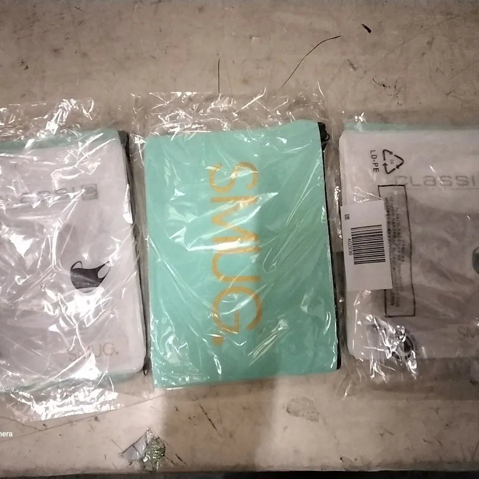 BOX OF APPROXIMATELY 50 SMUG HOME REUSABLE FACE COVERINGS WITH STORAGE BAG