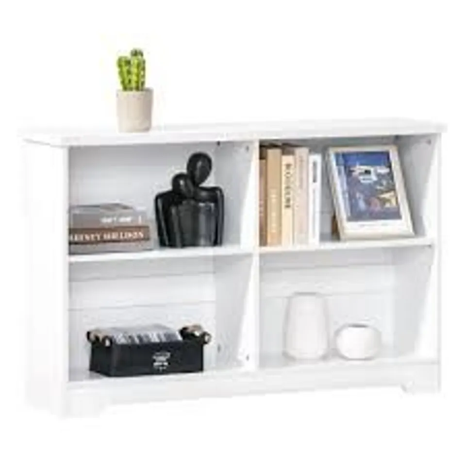 BOXED HOMCOM WOODEN CUBE BOOKCASE, 2 TIER OPEN STORAGE SHELVING UNIT WITH 4 COMPARTMENTS, FREESTANDING DISPLAY BOOKSHELF FOR HOME OFFICE LIVING ROOM FURNITURE, 118 X 29 X 76CM, WHITE
