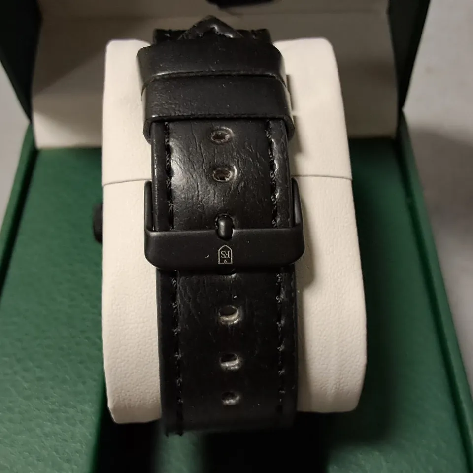 FRANK SCHMIDT ALL BLACK STAINLESS STEEL WHITE FACED GENTS WATCH WITH LEATHER STRAP