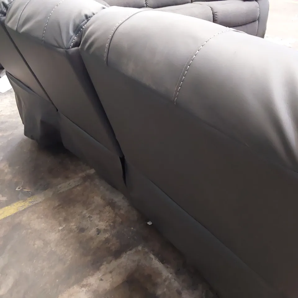 DESIGNER MANUAL RECLINING THREE SEATER SOFA GREY LEATHER BLACK PIPING & FEATURED STITCHING 