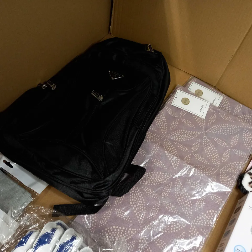 LARGE BOX OF APPROXIMATELY 20 ASSORTED HOUSEHOLD ITEMS TO INCLUDE: SLEEP MASK, BAG, YARN