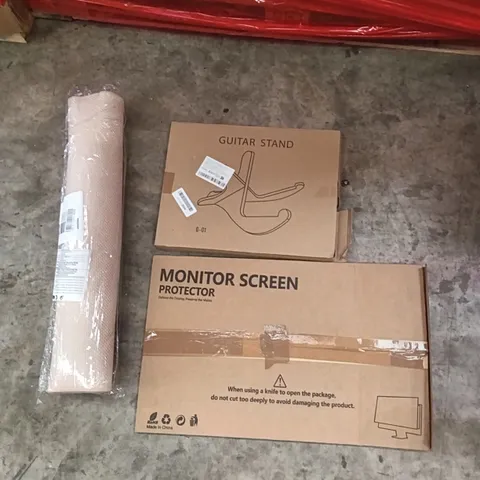 PALLET OF ASSORTED ITEMS INCLUDING - MONITOR SCREEN PROTECTOR, GUITAR STAND , DOOR MAT 