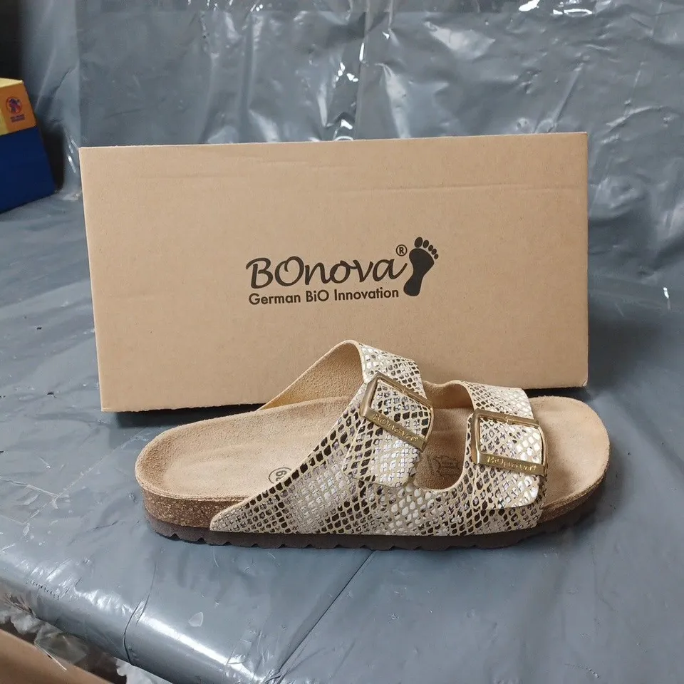 BOXED PAIR OF BONOVA SANDALS SNAKE SKIN PRINT DESIGN SIZE 6 UK