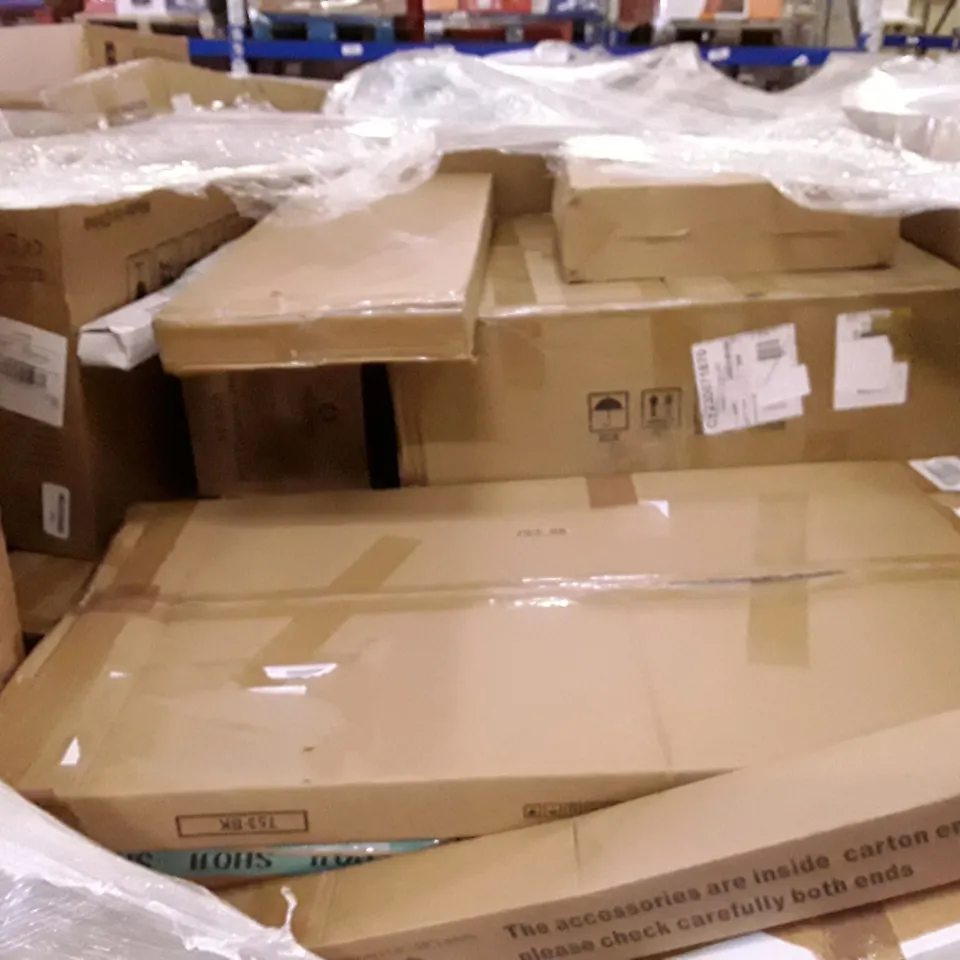 PALLET OF ASSORTED PRODUCTS INCLUDING OVERBED TABLE, FRAMED MIRROR, TOILET SAFETY RAIL, HOLLYWOOD MIRROR, SMART MIRROR