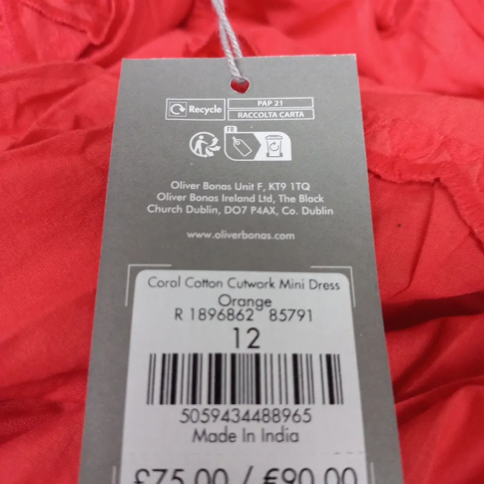 OLIVER BONAS CORAL COTTON CUTWORK MINI DRESS – ORANGE, UK SIZE 12