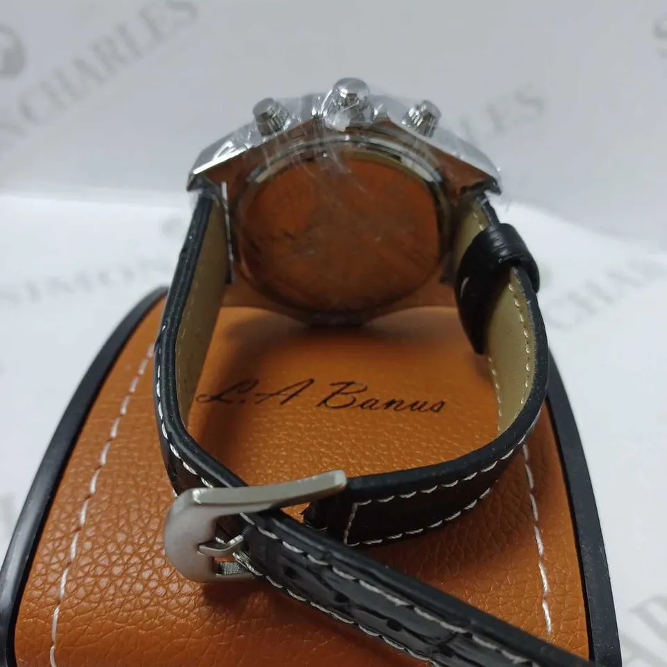 LA BANUS TRIPLE DIAL BLACK LEATHER STRAP WRISTWATCH 