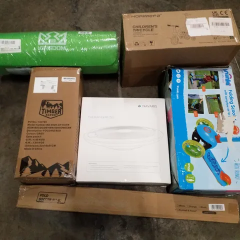 PALLET CONTAINING ASSORTED PRODUCTS INCLUDING CHILDRENS TRICYCLE, FOLDING BED, FOLDING SOCCER GOAL, FOLDING SCOOTER, BALANCE BOARD