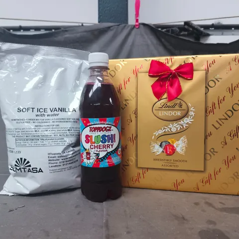 APPROXIMATELY 5 ASSORTED FOOD AND DRINK ITEMS TO INCLUDE LINDT, SLUSHI, ETC