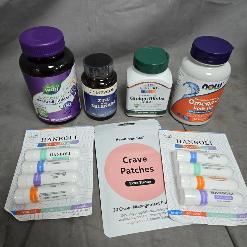 APPROXIMATELY 10 ASSORTED VITAMIN/HEALTH AID PRODUCTS TO INCLUDE FISH OIL, CRAVE PATCHES, VITAMIN D3 ETC 
