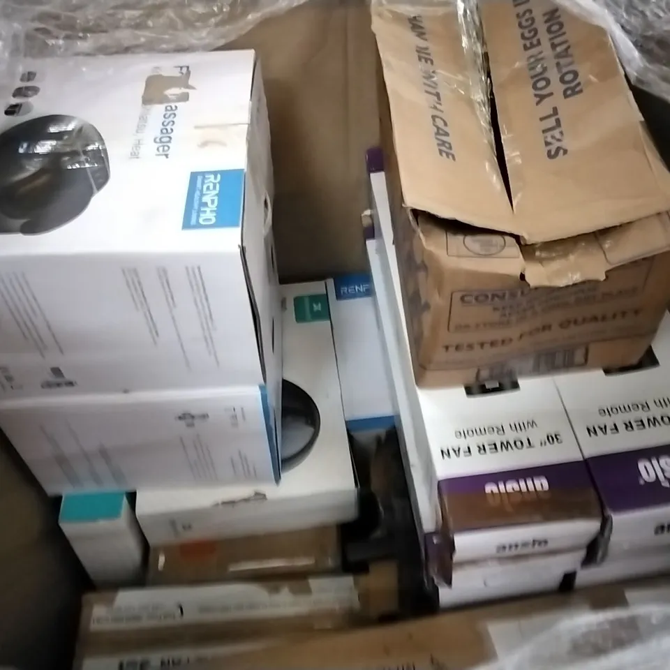 PALLET OF ASSORTED ITEMS INCLUDING RENPHO FOOT MASSAGER, ANSIO 30" TOWER FAN WITH REMOTE, ELEGANT LED MIRROR, ROBOT BRAAVA JET, HEVEA WOOD LAZY SUSAN