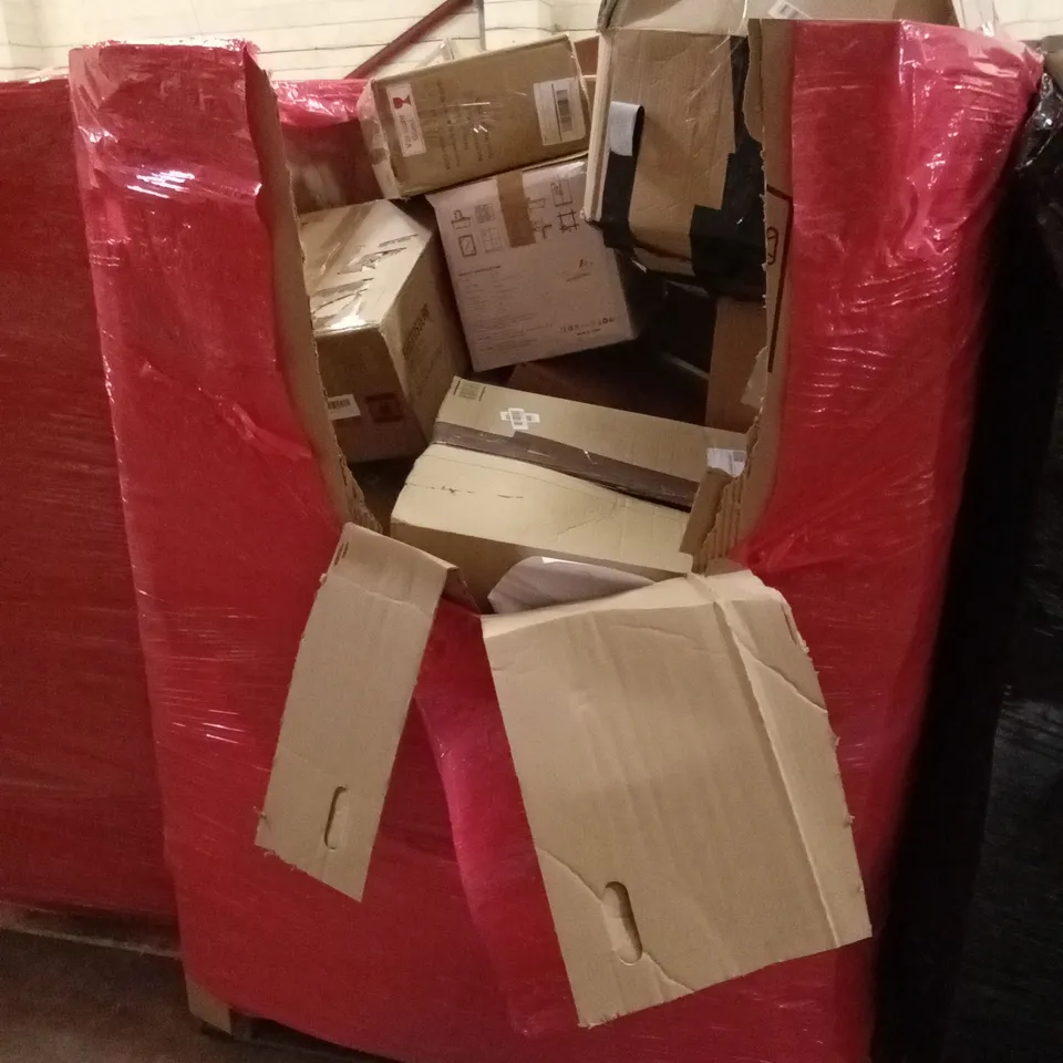 PALLET OF ASSORTED HOUSEHOLD GOODS AND PRODUCTS TO INCLUDE; FOLDING PLAY MAT, BABY PLAYPEN, CEILING FAN LIGHT, STEAM CLEANER ETC