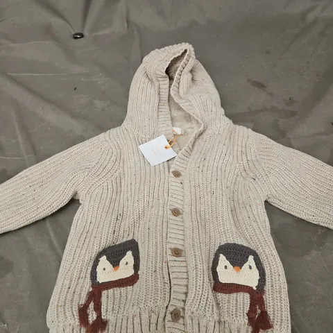 JOHN LEWIS BABY KNITTED HOODED CARDIGAN WITH PENGUIN APPLIQUÉ AGE 6-9 MONTHS