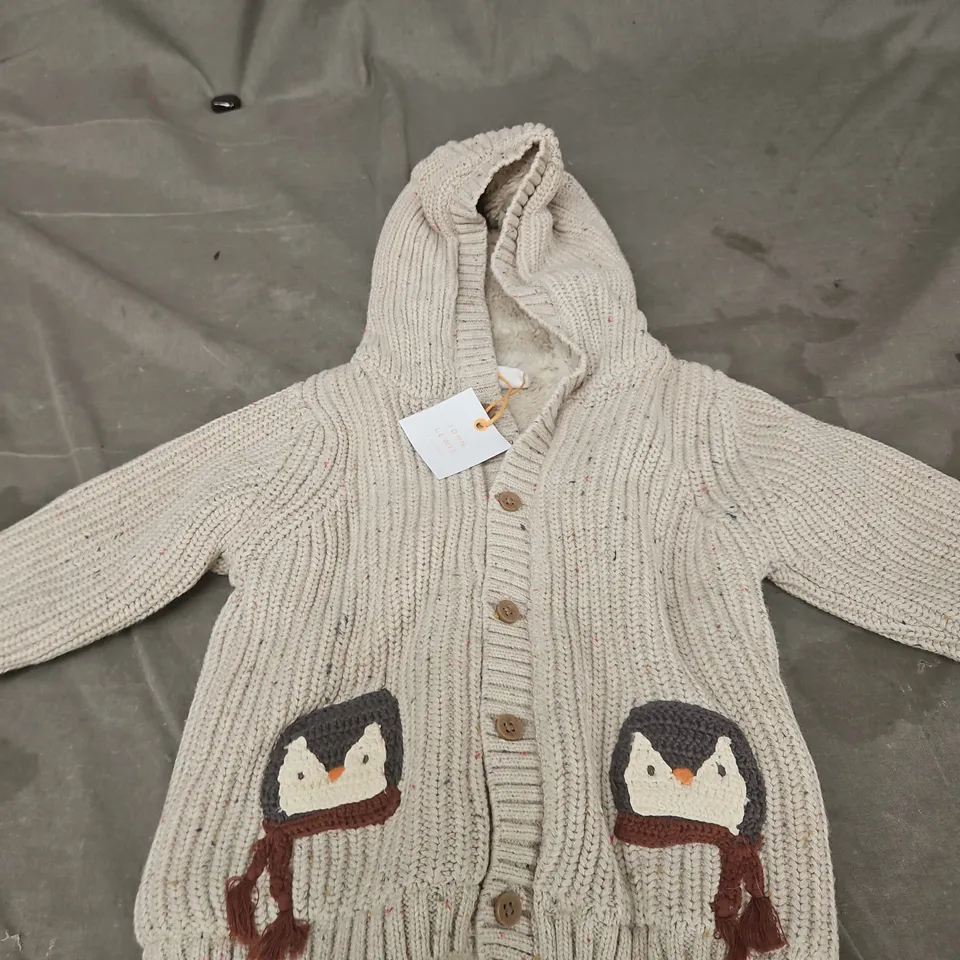 JOHN LEWIS BABY KNITTED HOODED CARDIGAN WITH PENGUIN APPLIQUÉ AGE 6-9 MONTHS