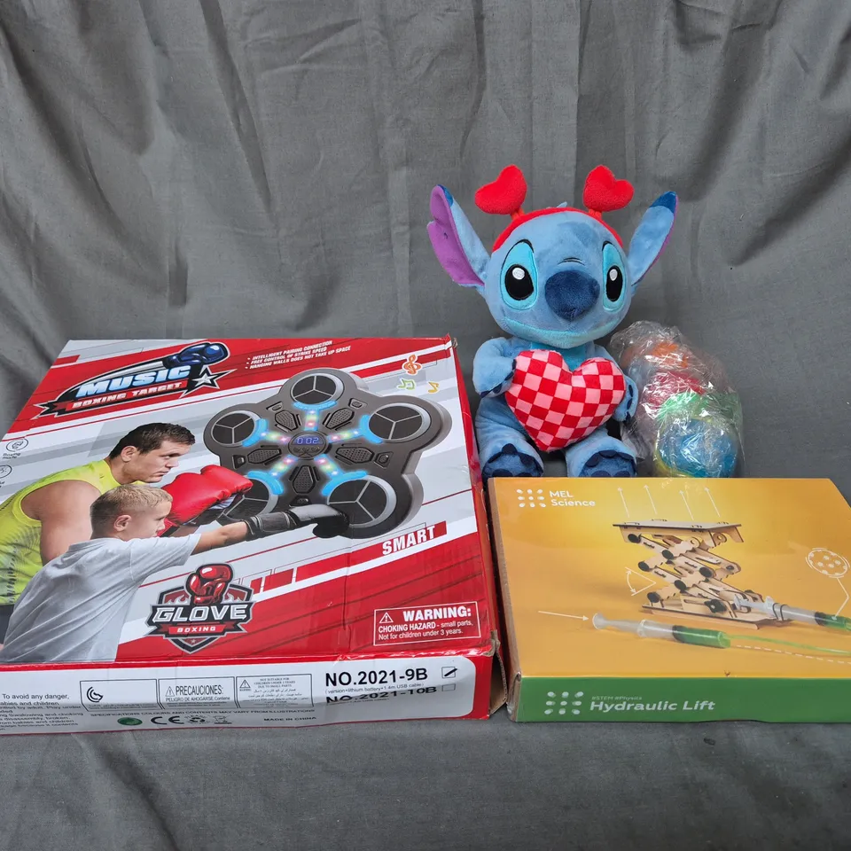 LARGE BOX OF ASSORTED TOYS AND GAMES TO INCLUDE STITCH, MUSIC BOXING TARGET AND HYDRAULIC LIFT