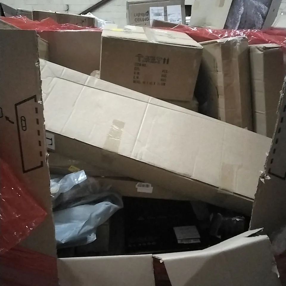 PALLET OF HOUSEHOLD ITEMS TO INCLUDE TV STAND, TV SCREEN PROTECTOR, WALL CLOCK, SAFETY CAR SEAT AND OTHER ASSORTED ITEMS...