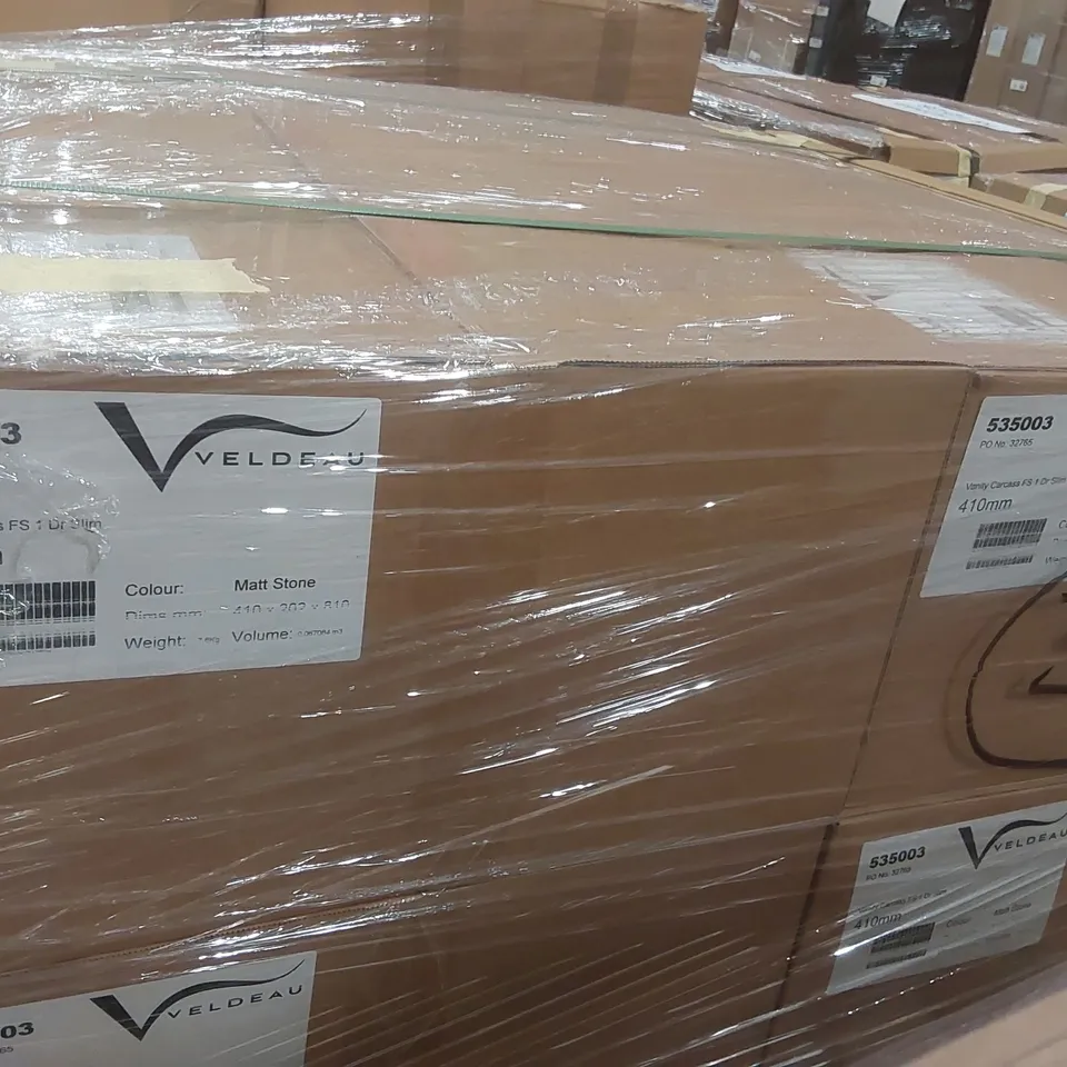 PALLET CONTAINING A LARGE QUANTITY OF ASSORTED BATHROOM FURNITURE PARTS INCLUDING: VELDEAU VANITY CARCASSES ECT