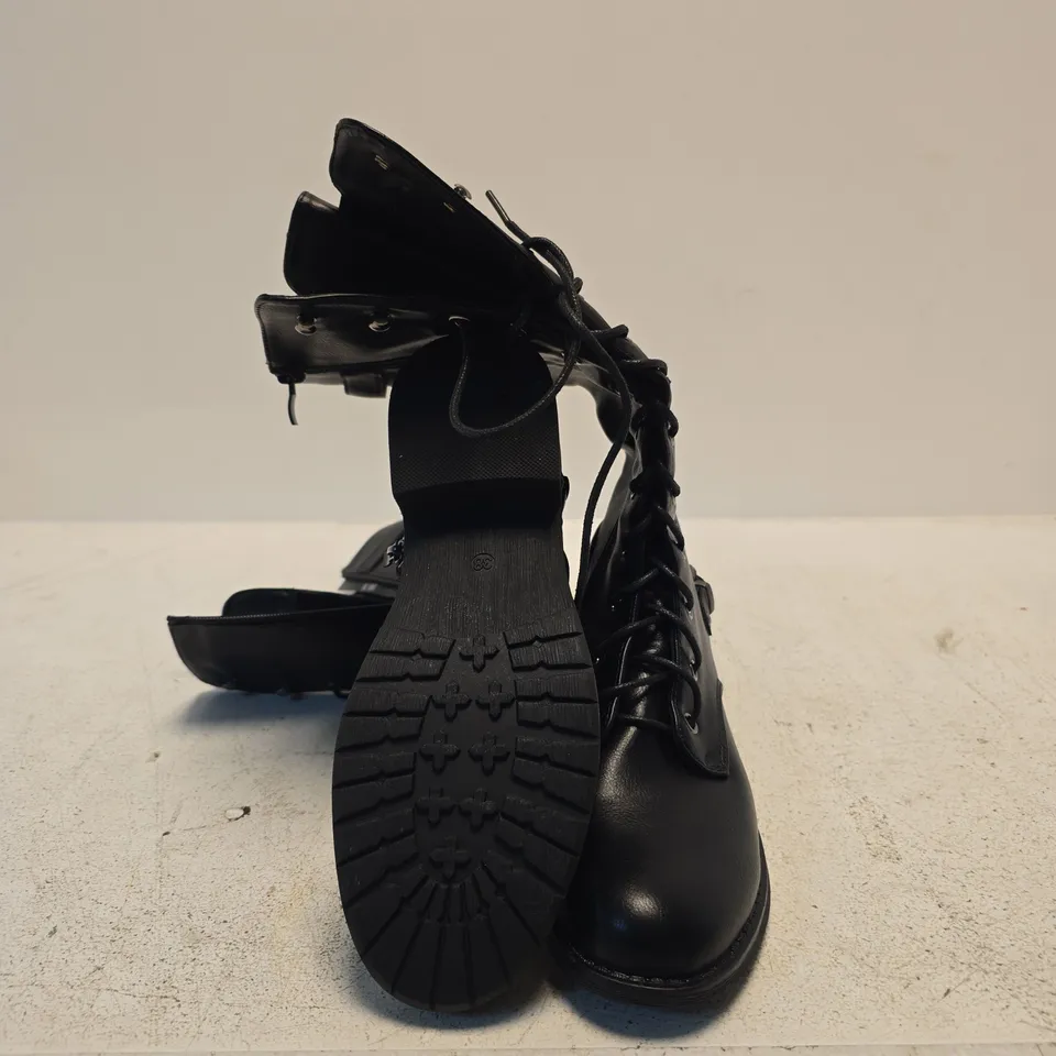 AJVANI BLACK LEATHER COMBAT BOOTS – MID-CALF, LACE-UP WITH SIDE ZIP SIZE 38